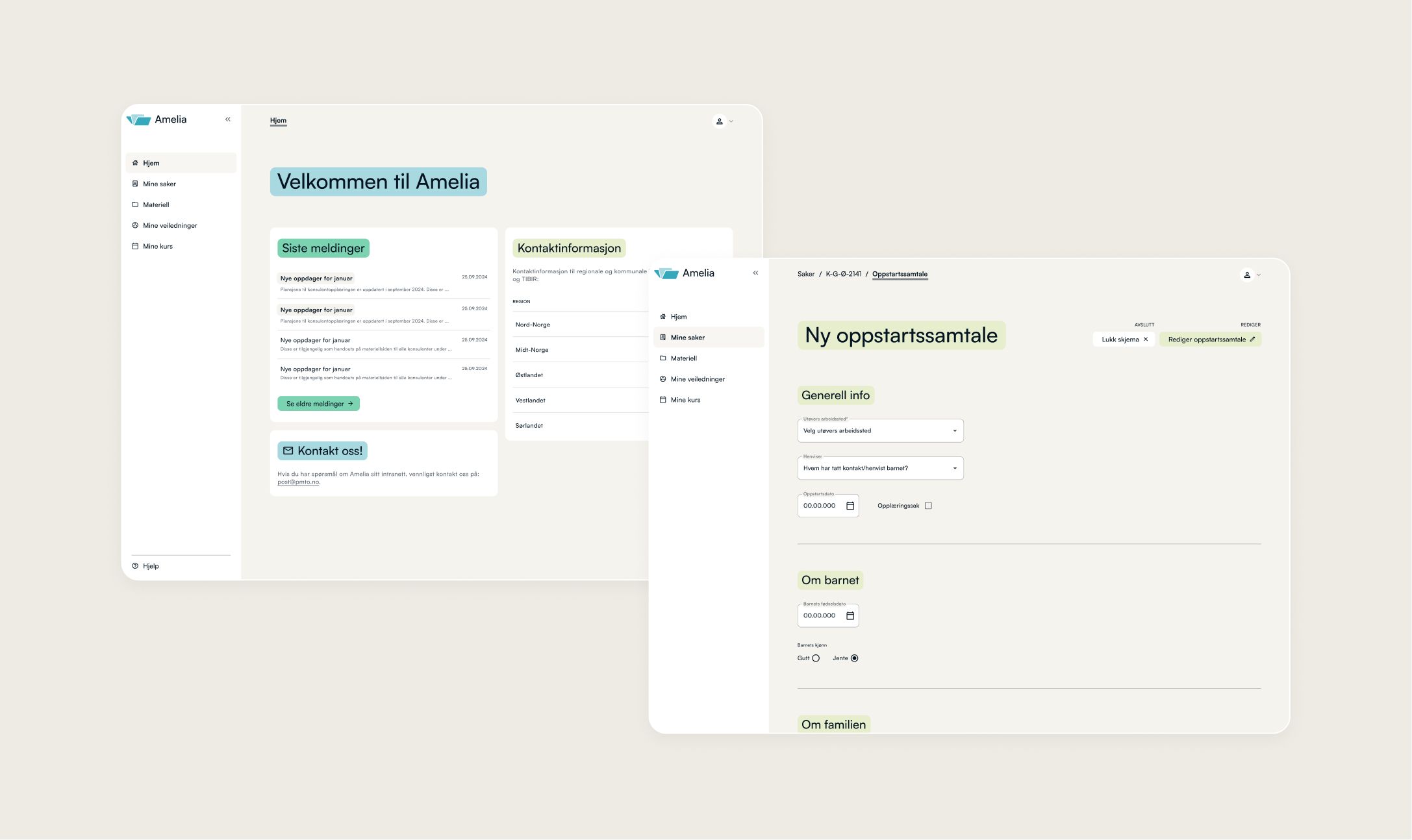 UI design av Amelia fagsystemet som viser forsiden og ny oppstartssamtale-funksjonalitet