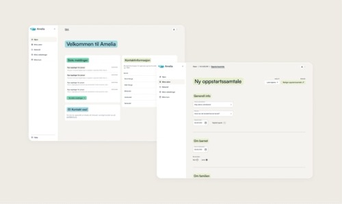 UI design av Amelia fagsystemet som viser forsiden og ny oppstartssamtale-funksjonalitet