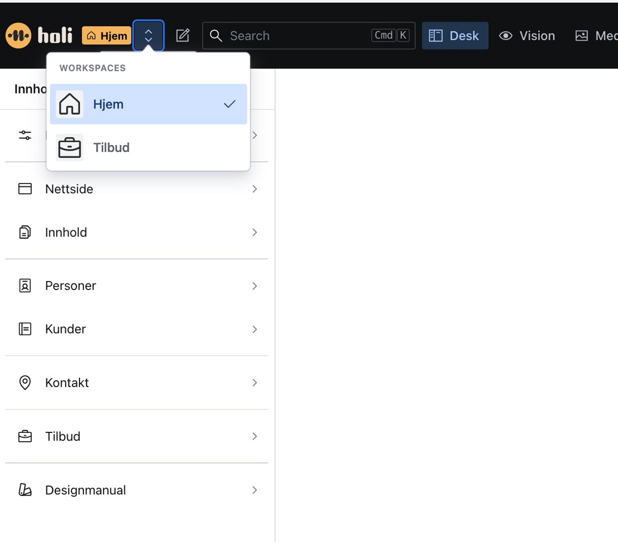 et skjermbilde av holi-nettstedet som viser hjemmesiden