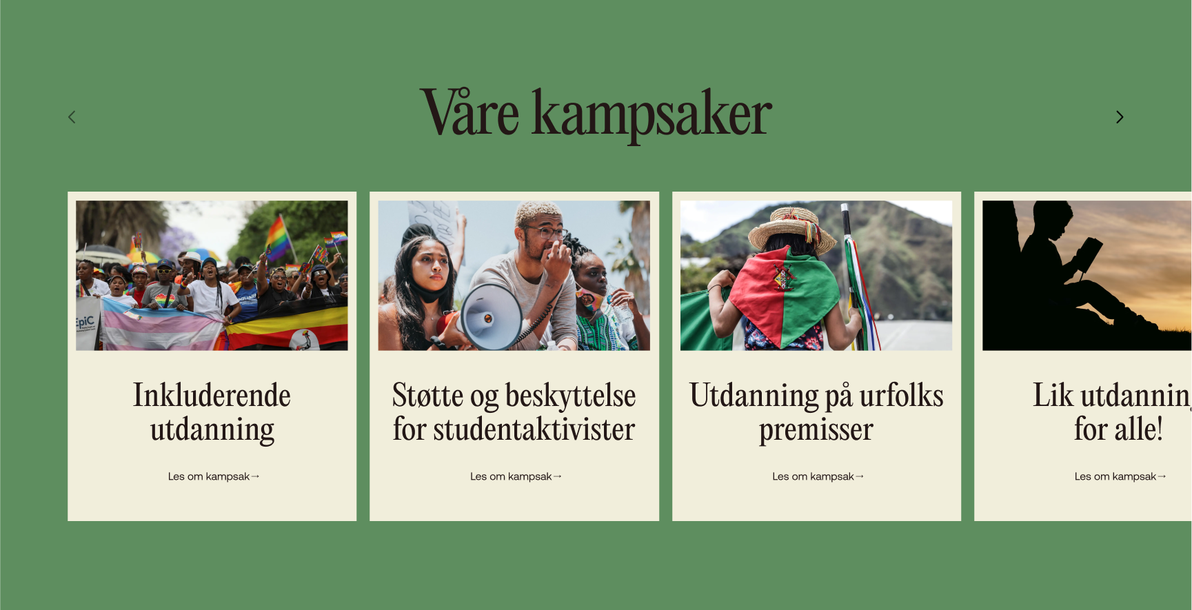 Grønn bakgrunn med "Våre kampsaker"