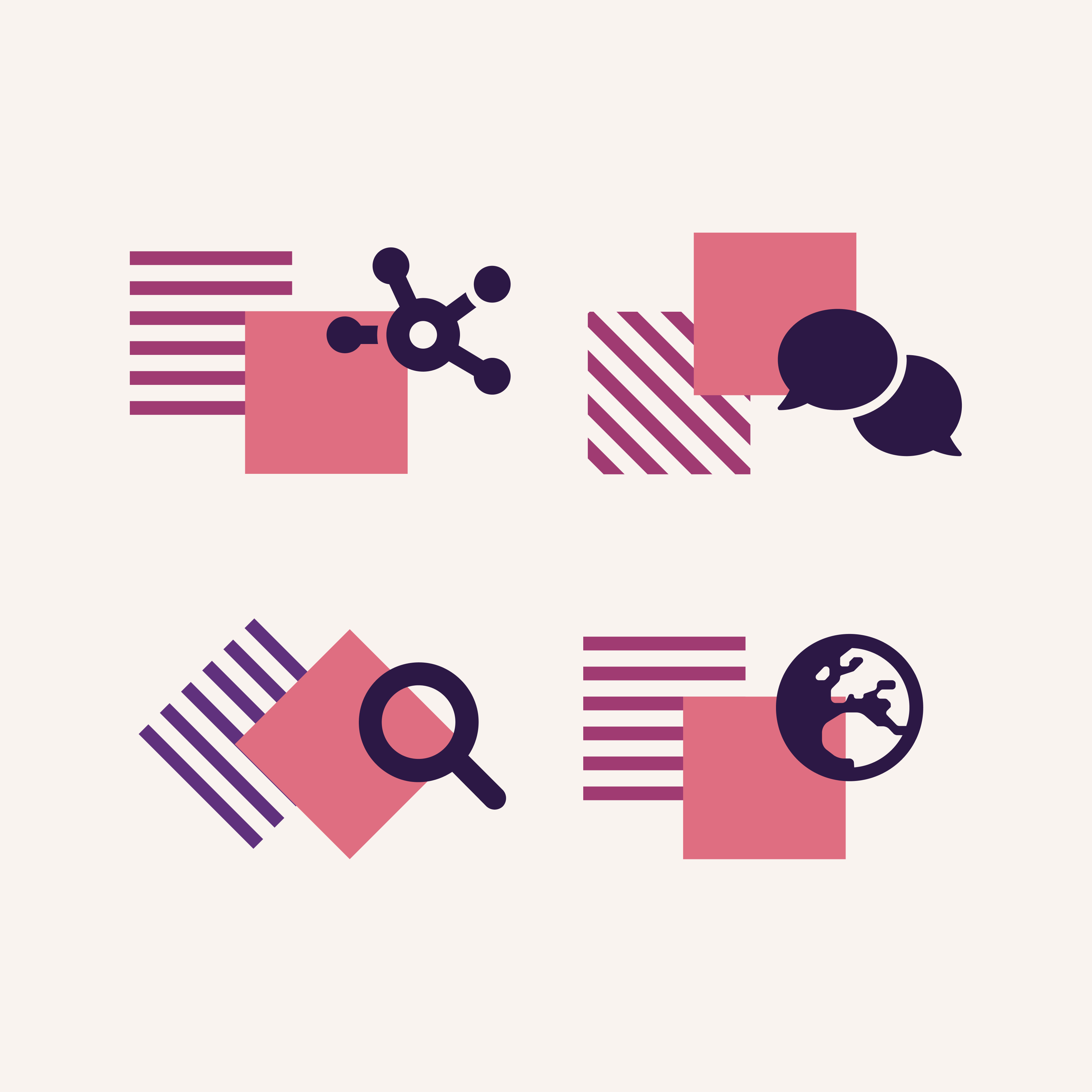 a set of four icons including a magnifying glass and a globe