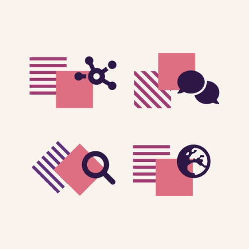 Fire ikoner inkludert forstørrelsesglass og globus som brukes på Norway Health Tech nettsiden