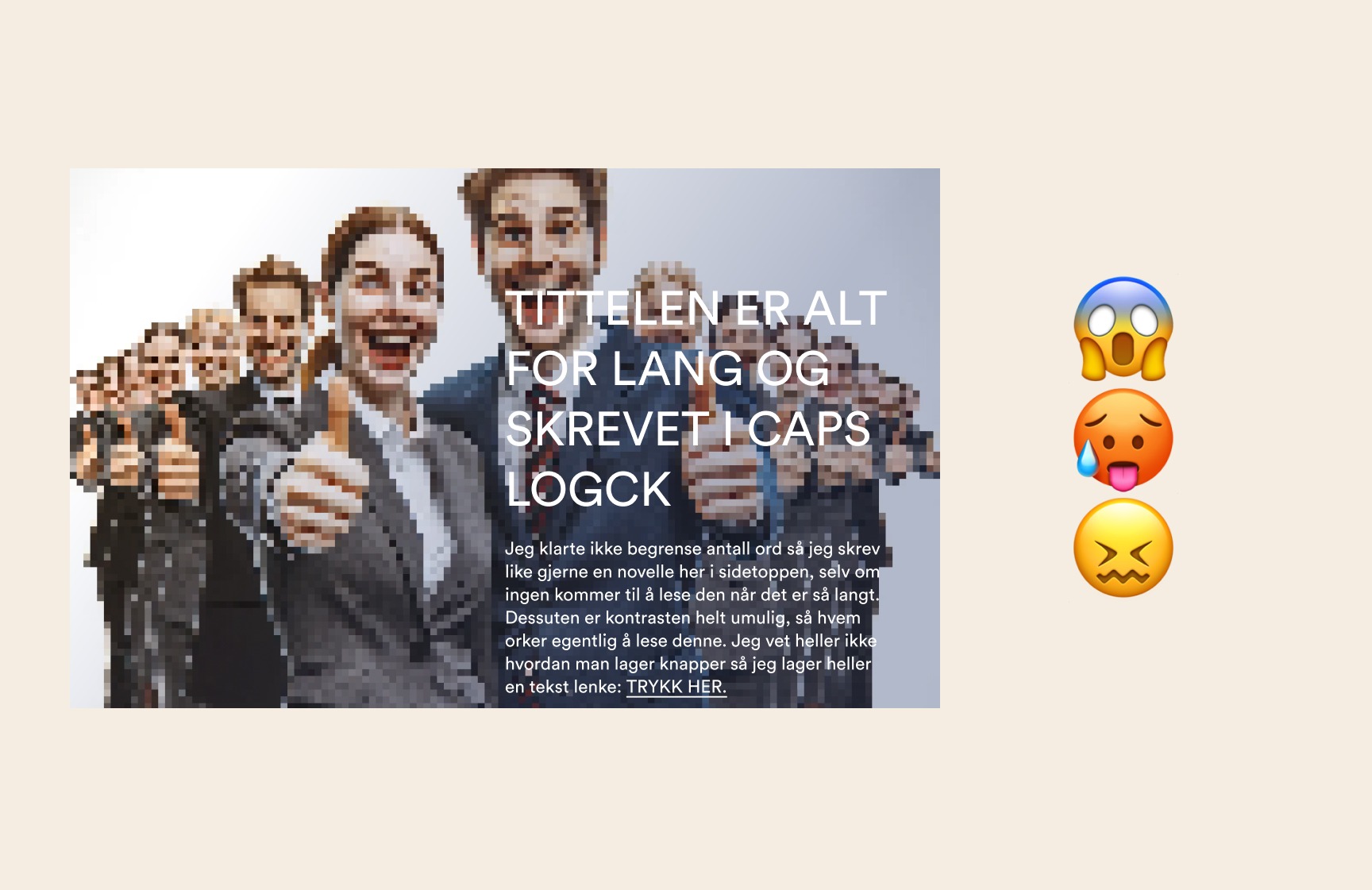 Eksempel på en grusom slide med pikselert bakgrunn, vanskelig å lese teksten, skrevet i caps lock og noen emojies som er stressa på siden