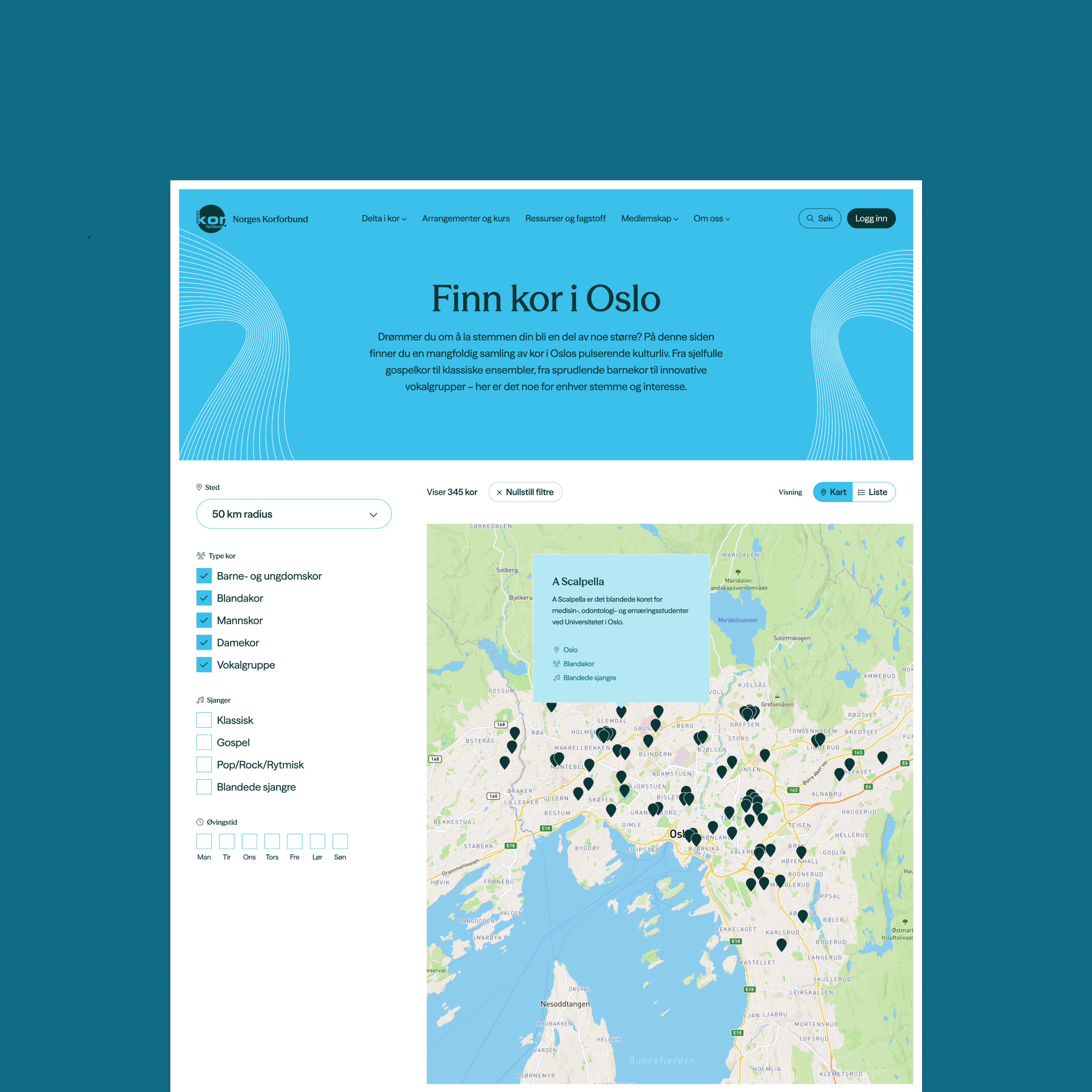 finn kor i oslo website displaying a map of oslo