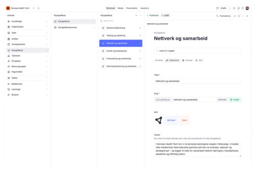 Skjermbilde av redigeringsverktøy for klyngetilbud med fokus på nettverk og samarbeid.