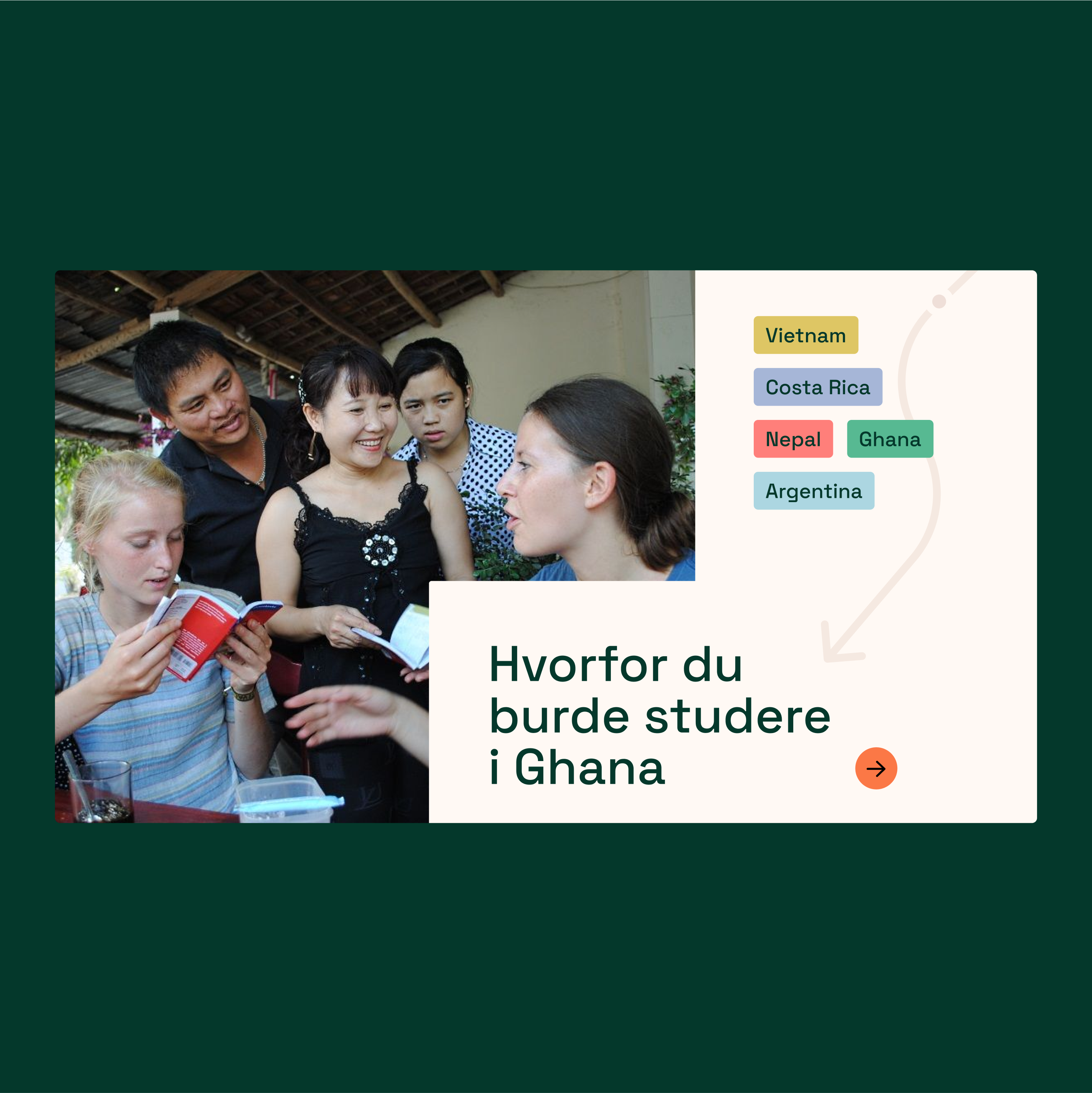 a group of people looking at a book with the words vietnam costa rica nepal ghana and argentina