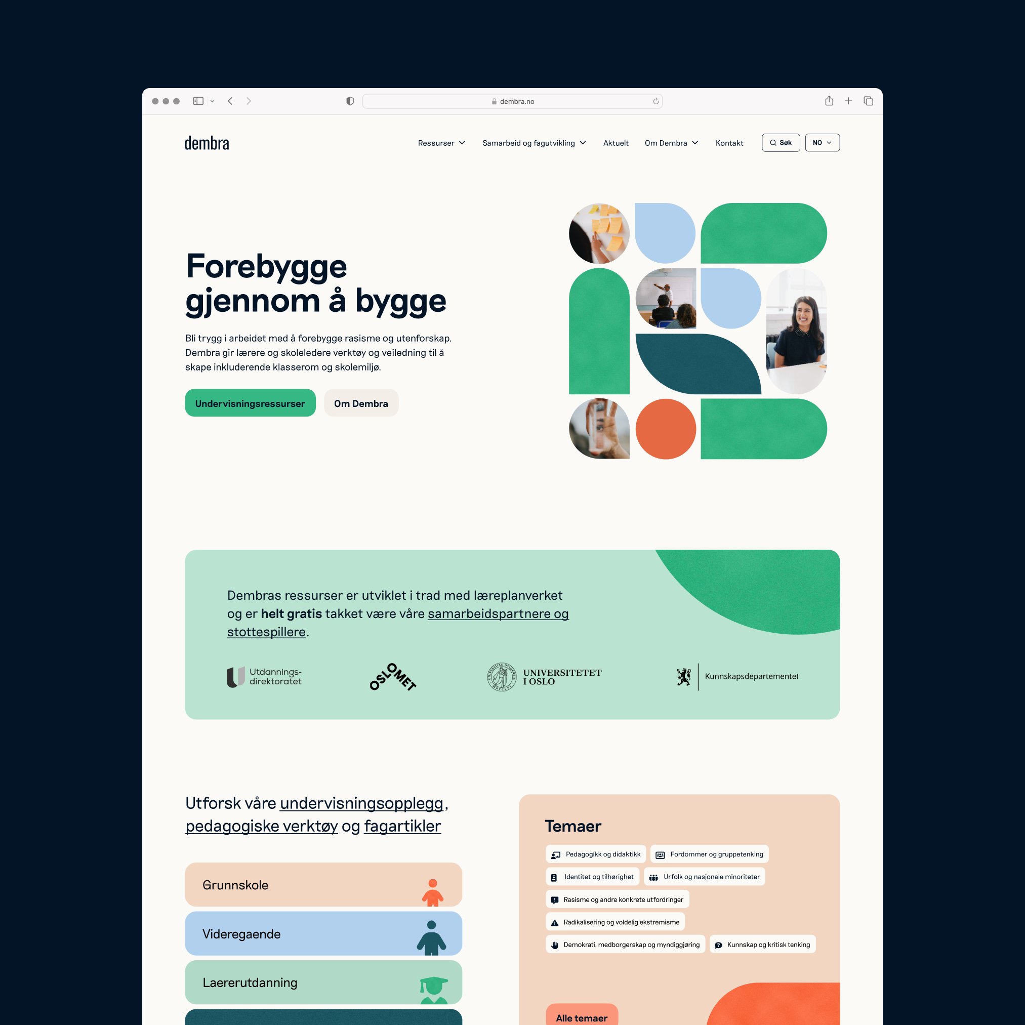 Skjermbilde av forsiden til Dembras nettside