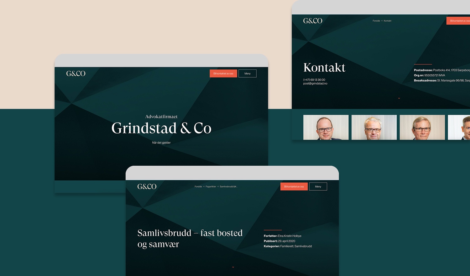 Screenshots av nettsiden til advokatfirmaet Grindstad