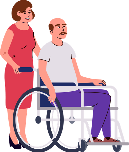 En kvinne står bak en mann i rullestol. Illustrasjon. 