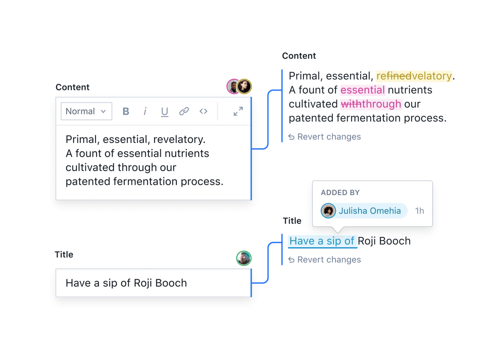 screenshot som viser flere personer som samarbeider om å rediger et dokument, med detaljerte beskrivelser av hvem som har gjort hva. 