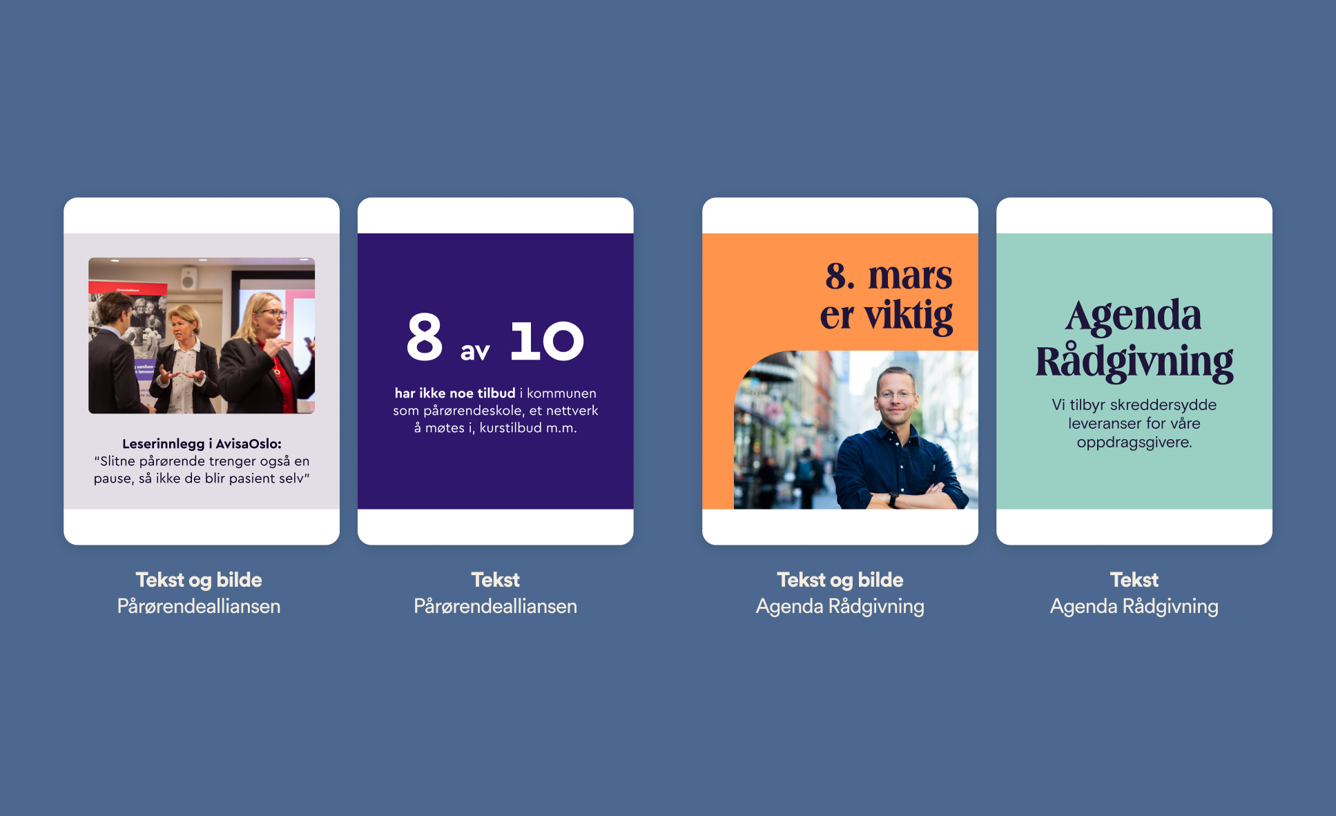 Bilder av SoMe-bilder med tekst under med malnavn og kundenavn