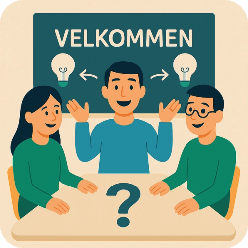 Illustration of three people discussing a question around a table, with a 'VELKOMMEN' sign and idea lightbulbs above them.