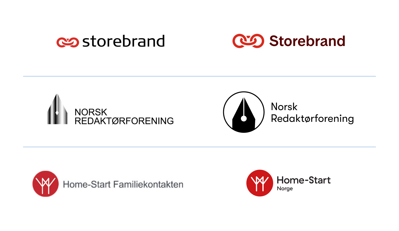 Nye og gamle logoer til Storebrand, Norsk Redaktørforening og Home-Start, satt ved siden av hverandre
