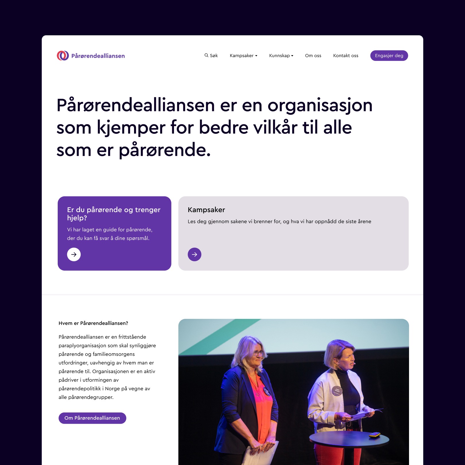 Skjermbilde av forsiden med delikate farger og bilde av to damer