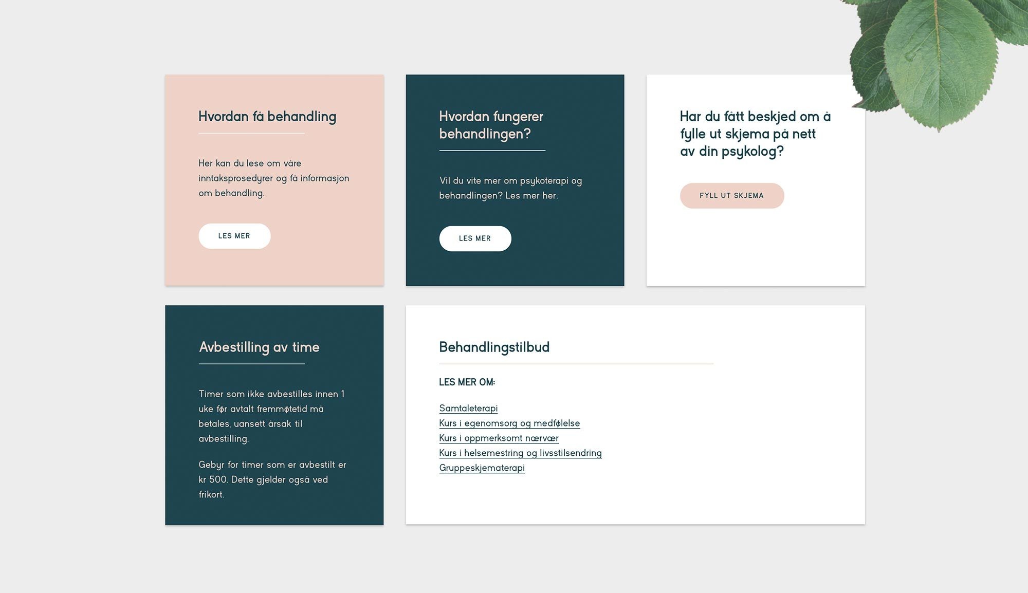Screenshot fra nettsiden til Klinikk for psykologbehandling og et blad som illustrerer den rolige følelsen i bildet