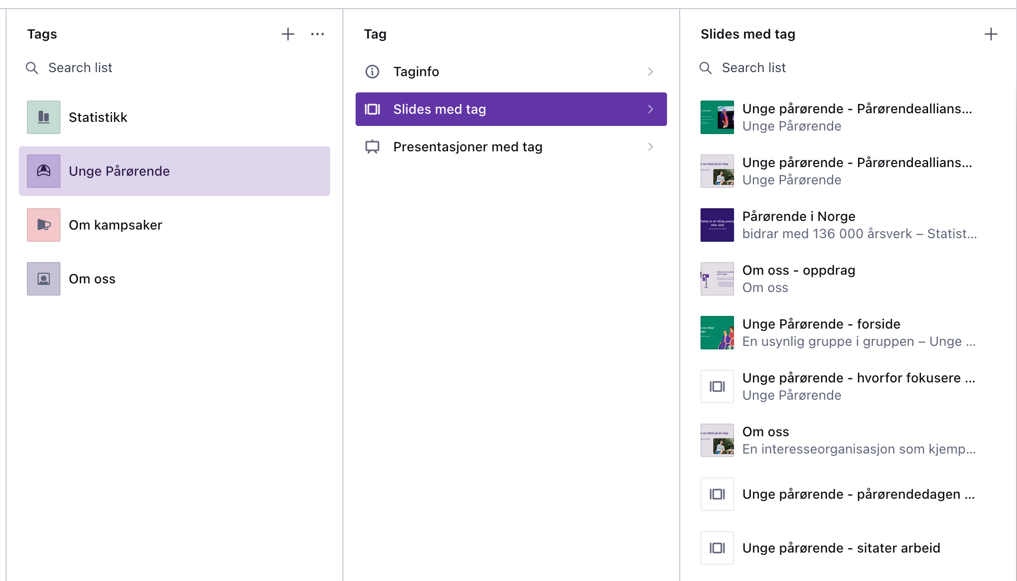 Viser at det går an å sortere slides på ulike tags. 