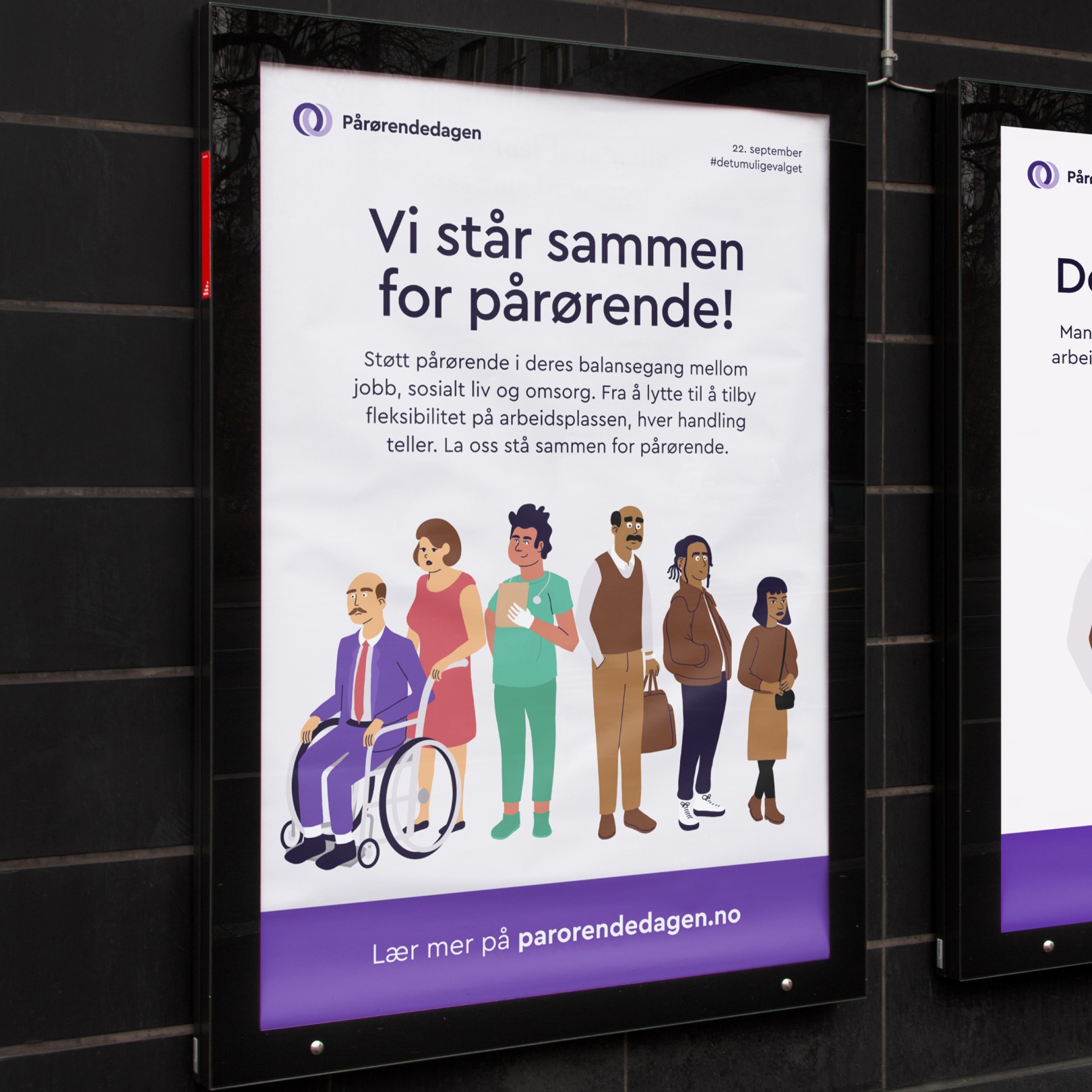 Plakat med illustrasjoner av ulike mennesker med teksten "Vi står sammen for pårørende!"