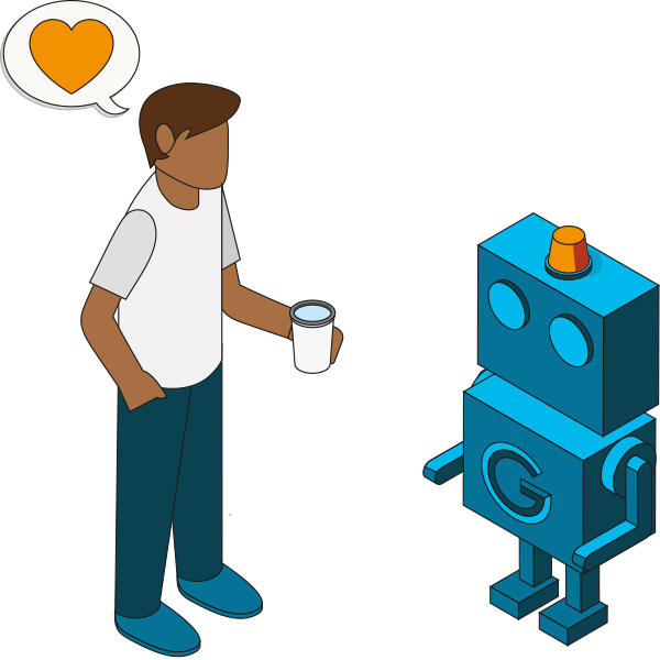 Illustrasjon av person snakker med google-robot