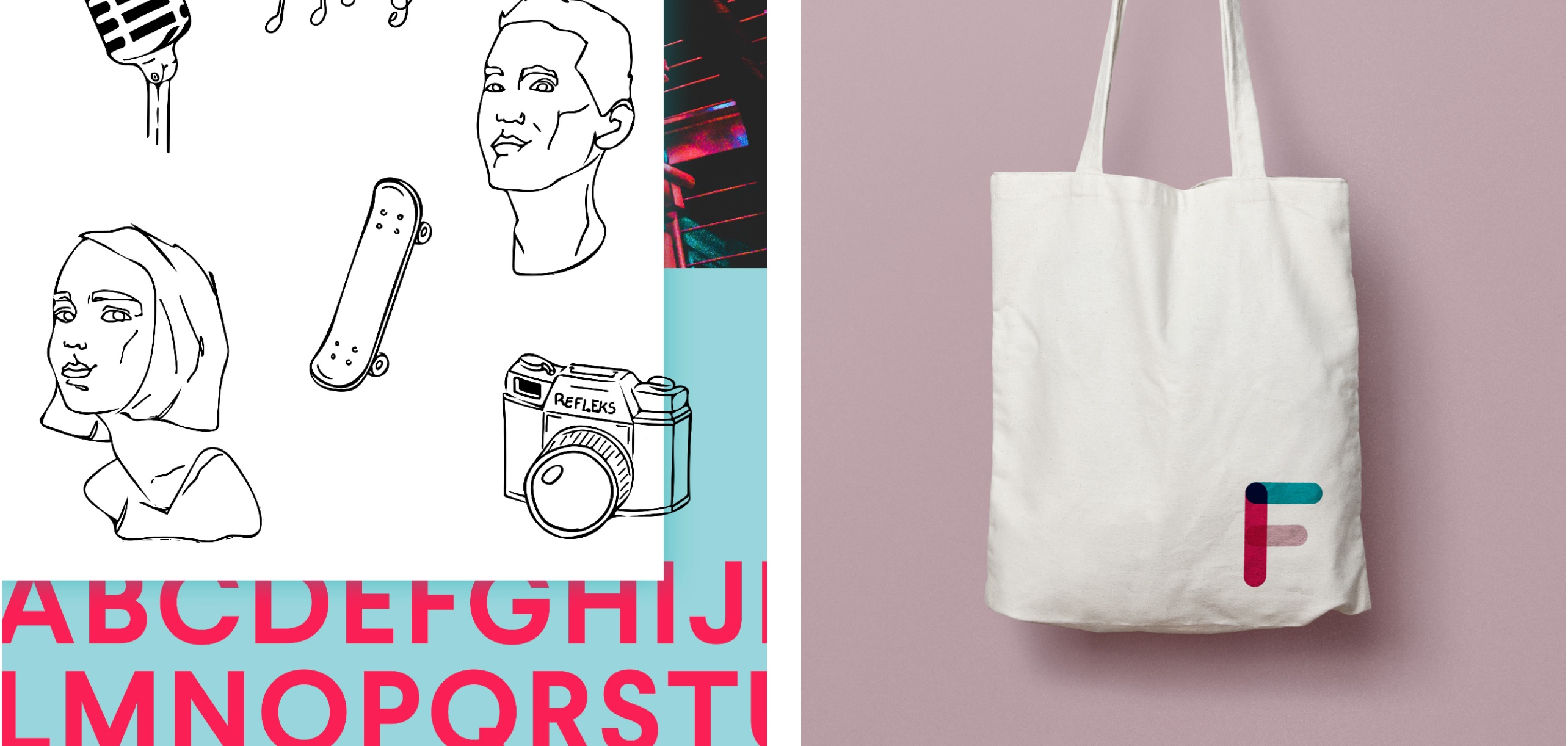 Eksempler på designprofilen i bruk. Viser illustrasjonsstilen til Frifond og totebag med logo på. 