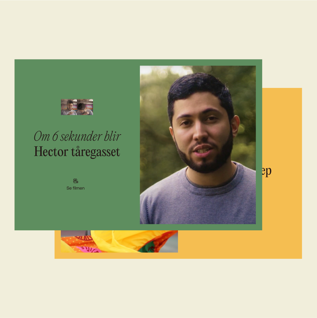 Gul og grønn side - den fremste står det "Om 6 sekunder blir Hector tåregasset" på, ved siden av et bilde av en mann