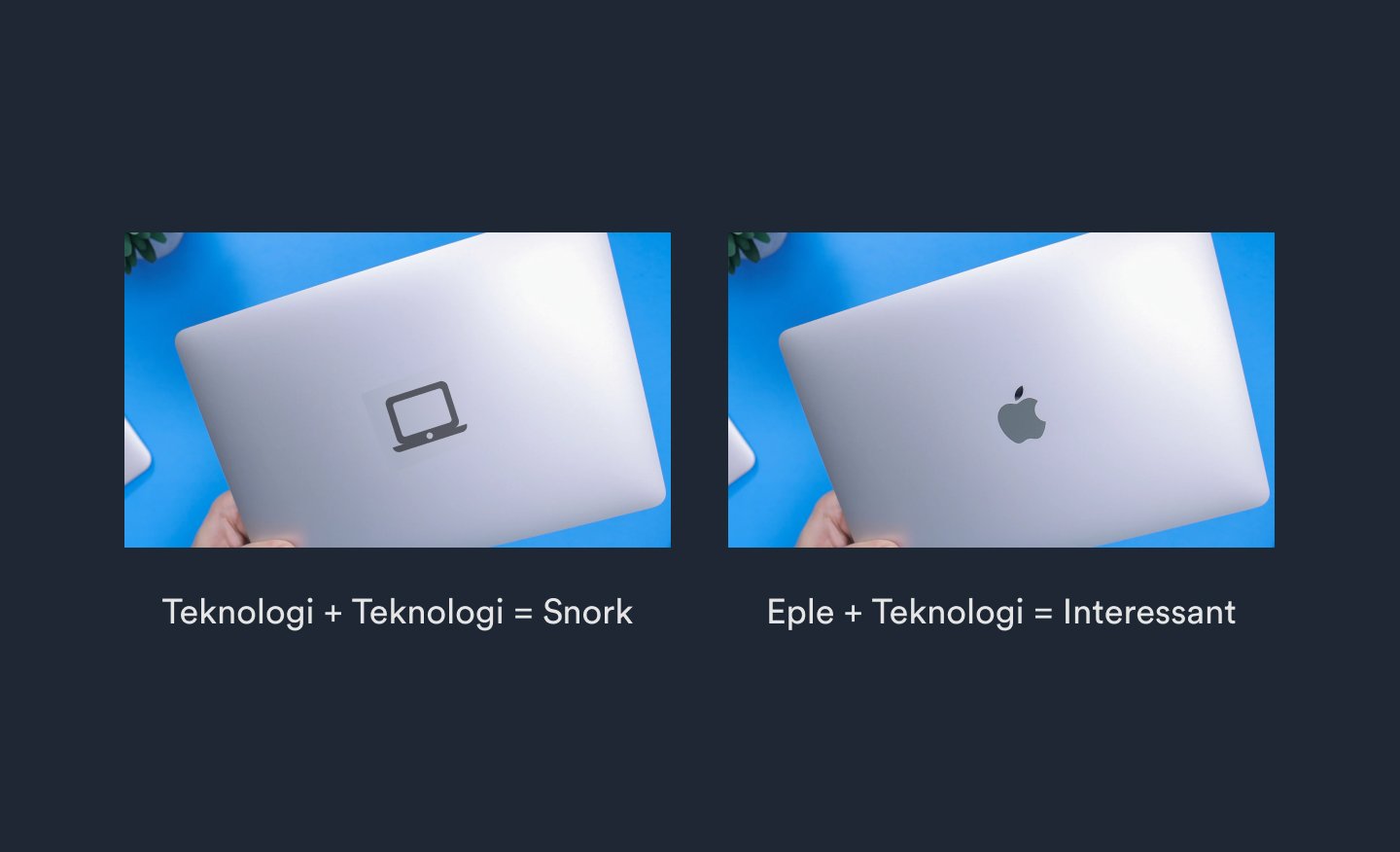 Første bilde: En mac der eple logoen er byttet ut med et datamaskin ikon. "Teknologi + teknologi = snork". En vanlig mac med eple-logo. "Eple + teknologi = interessant". 