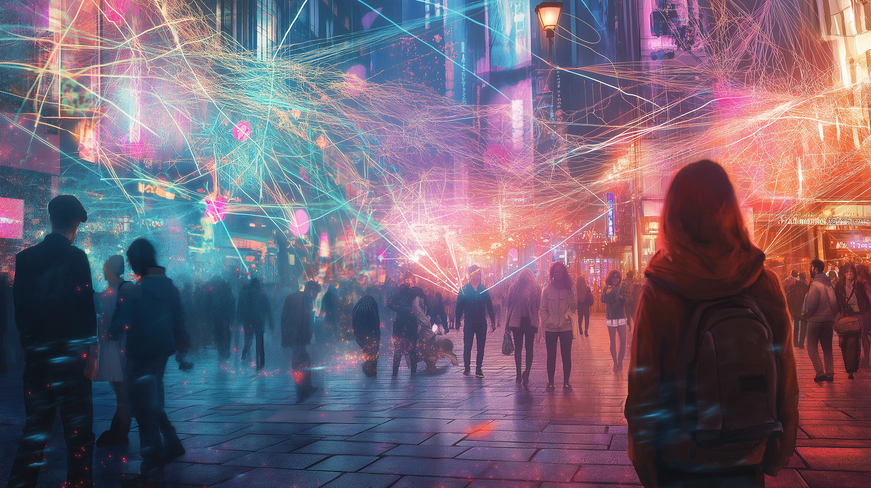 a woman with a backpack stands in front of a crowd of people