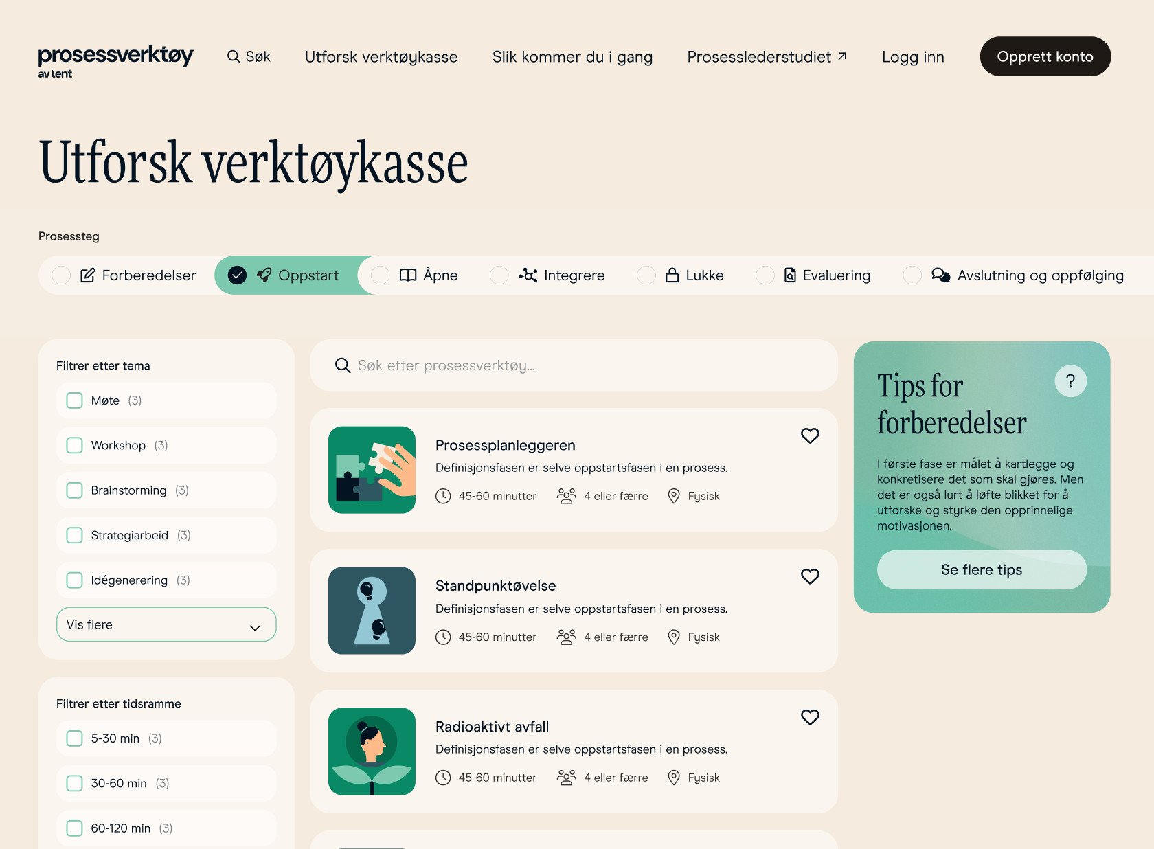 A web page titled "Explore Toolbox" showing a filtered list of process tools and a "Tips for Preparations" section.