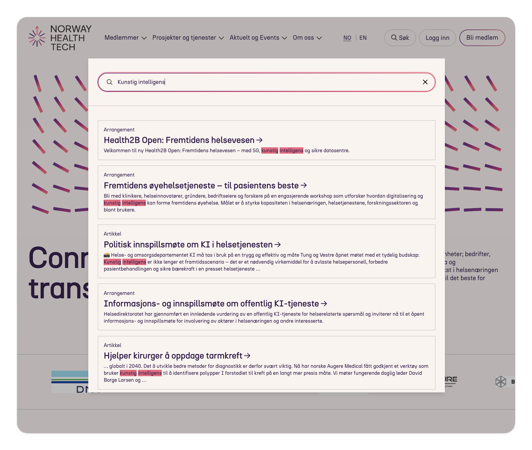 Søkeresultater for 'kunstig intelligens' på Norway Health Techs nettside.
