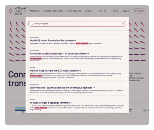 Søkeresultater for 'kunstig intelligens' på Norway Health Techs nettside.