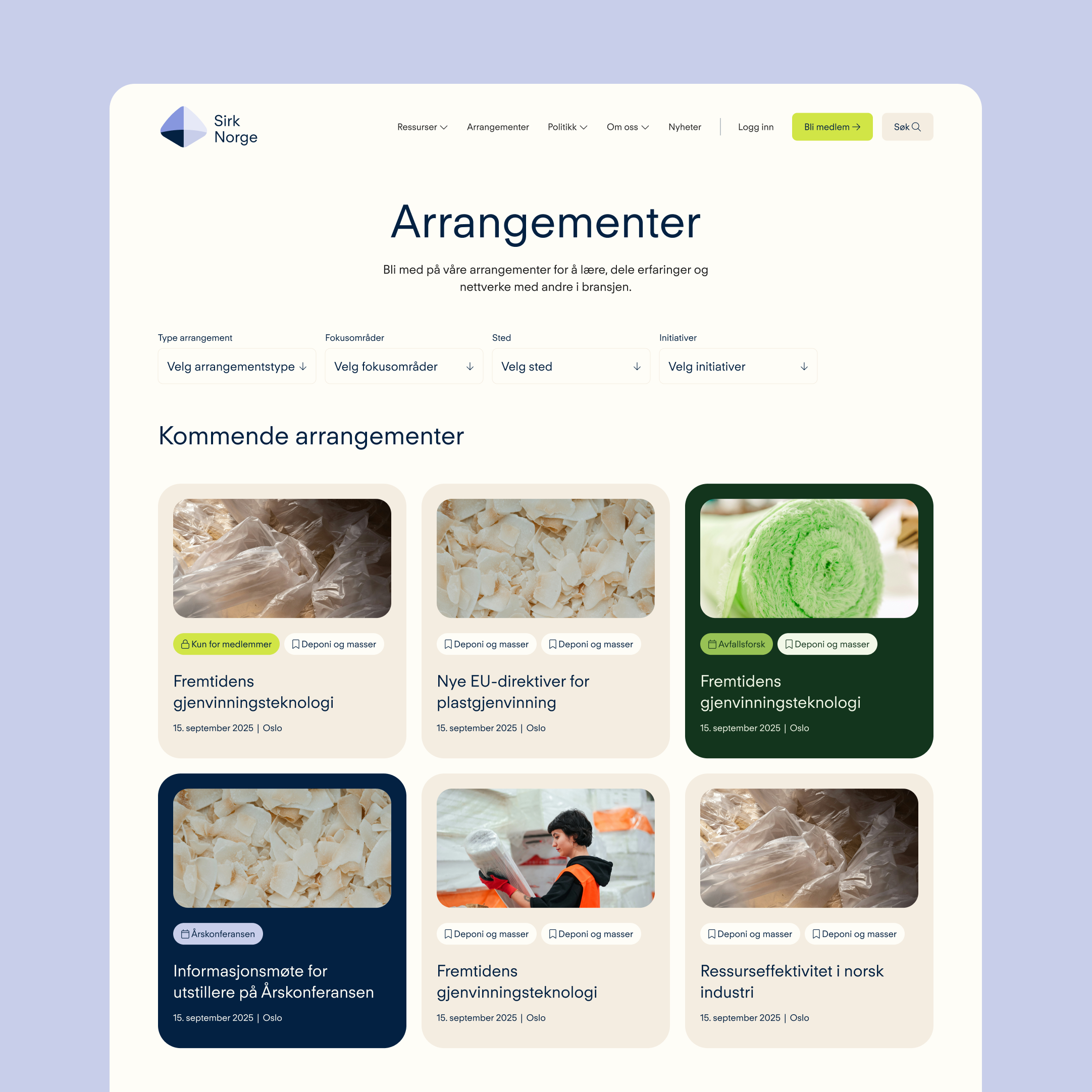 a screenshot of a web page titled arrangementer