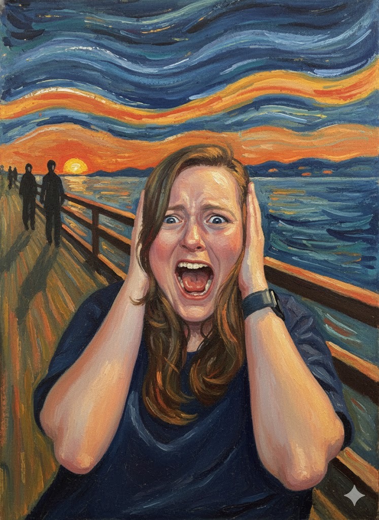 Vilde, forfatteren av artikkelen, får nervesammenbrudd illustrert av at hun er skrik figuren i Edvard Munchs portrett. AI generert portrett. 