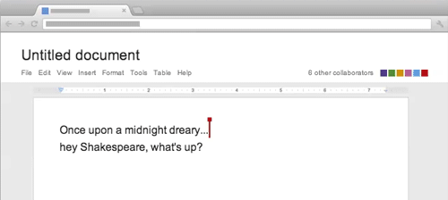 en dataskjerm viser et udokumentert dokument som sier en gang ved midnattstid hei shakespeare hva skjer. Viser Google docs og hvordan man kan se hva en person redigerer i sanntid.