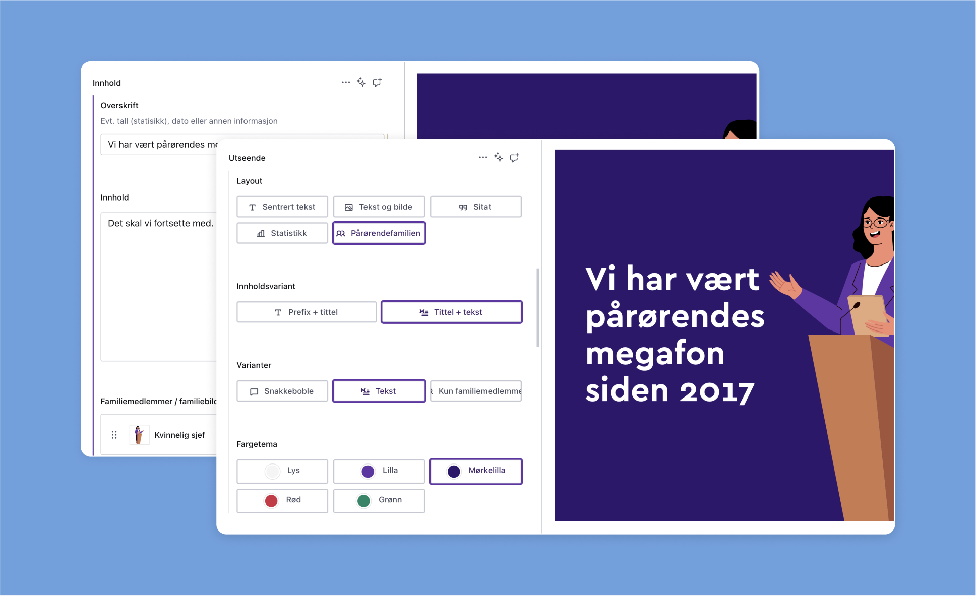 Skjermbilder av Sanity hvor man kan endre tekst og utseende