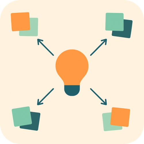 Lightbulb with arrows pointing to various colored sticky notes.