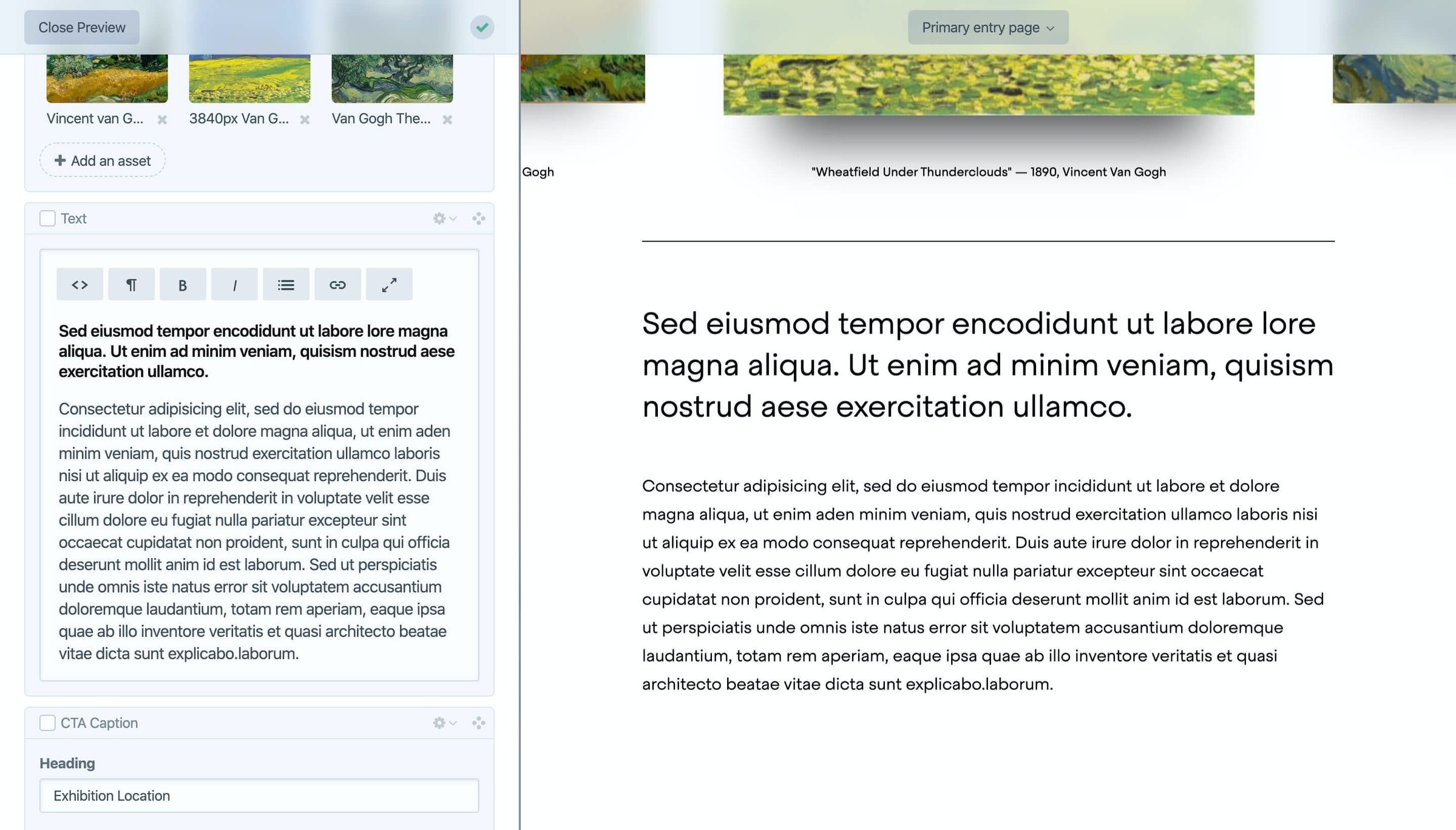 Eksempel på hvordan det ser ut når man redigerer innhold med Craft CMS