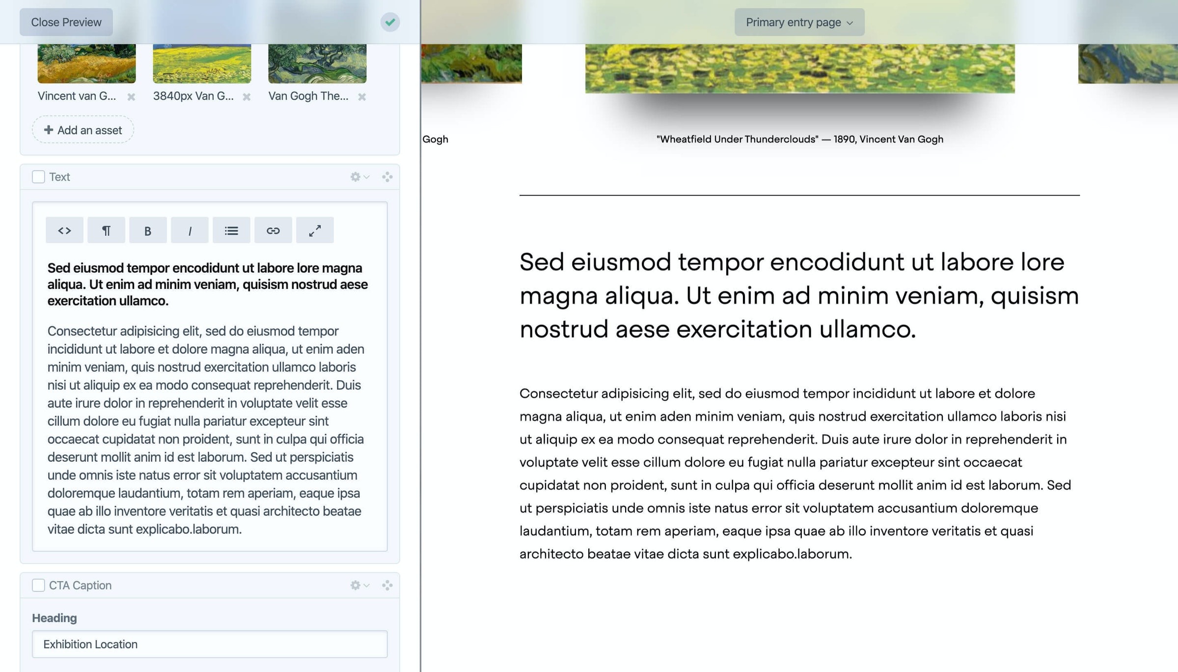 Eksempel på hvordan det ser ut når man redigerer innhold med Craft CMS