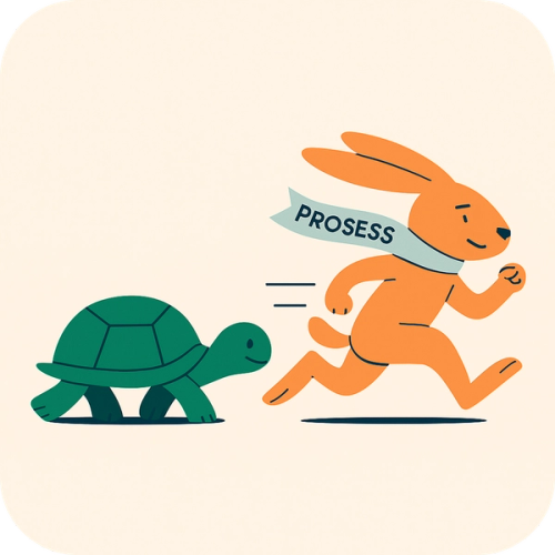 A slow tortoise is passed by a fast rabbit wearing a "PROSESS" sash.
