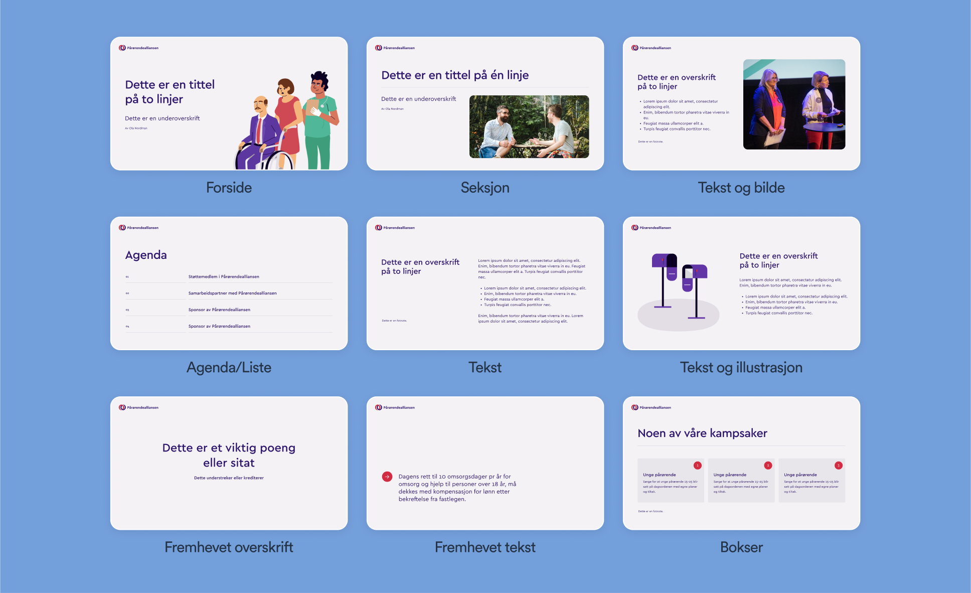 Ulike layouter for slides. Forside, seksjn, tekst og bilde, tekst og illustrasjon. 