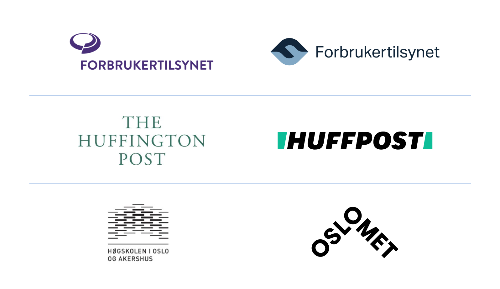 Nye og gamle logoer til Forbrukertilsynet, Huffington Post og Oslo Met, satt ved siden av hverandre