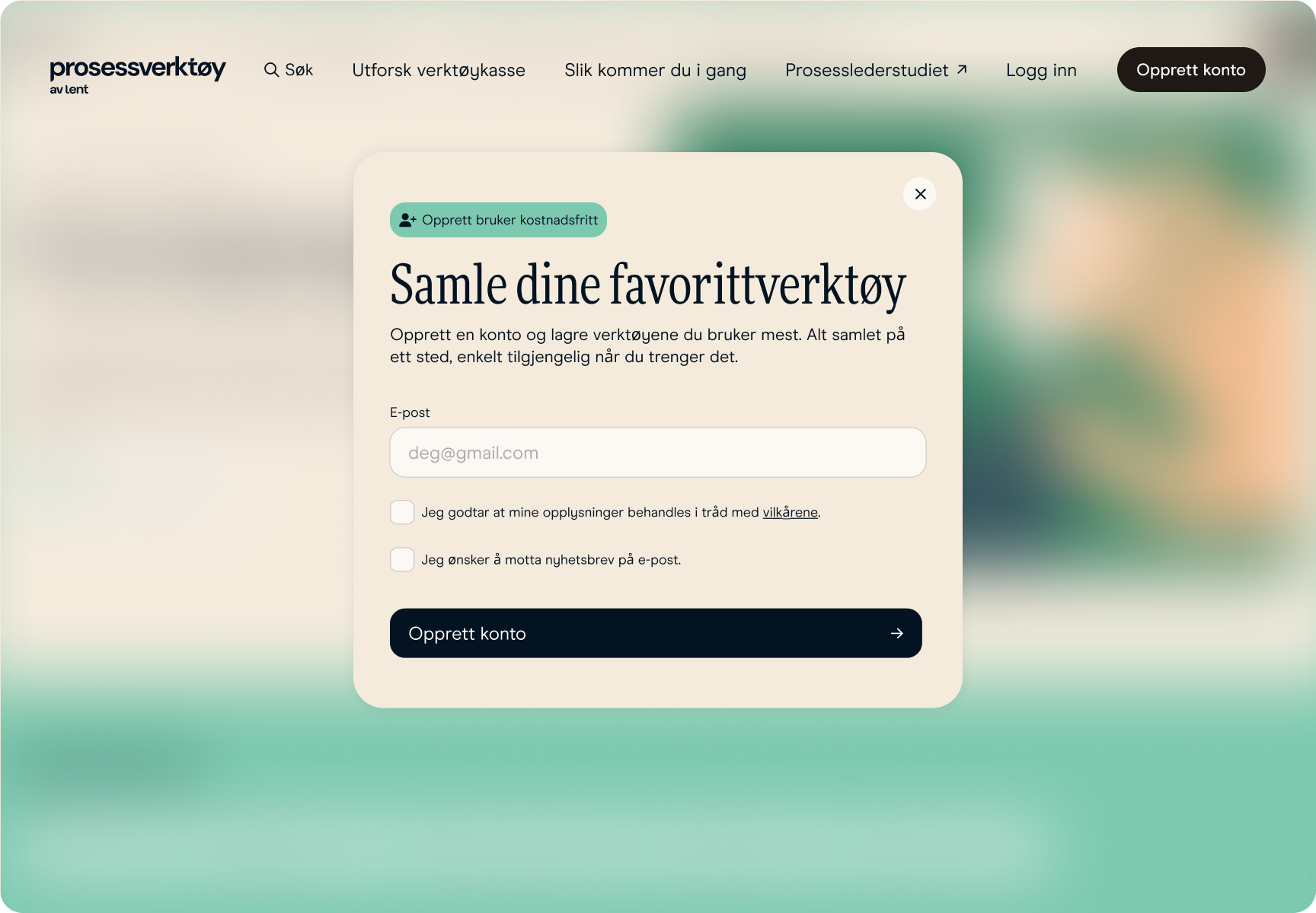 A website displaying a Norwegian account creation pop-up with an email input field showing 'deg@gmail.com', two checkboxes, and a 'Create account' button.