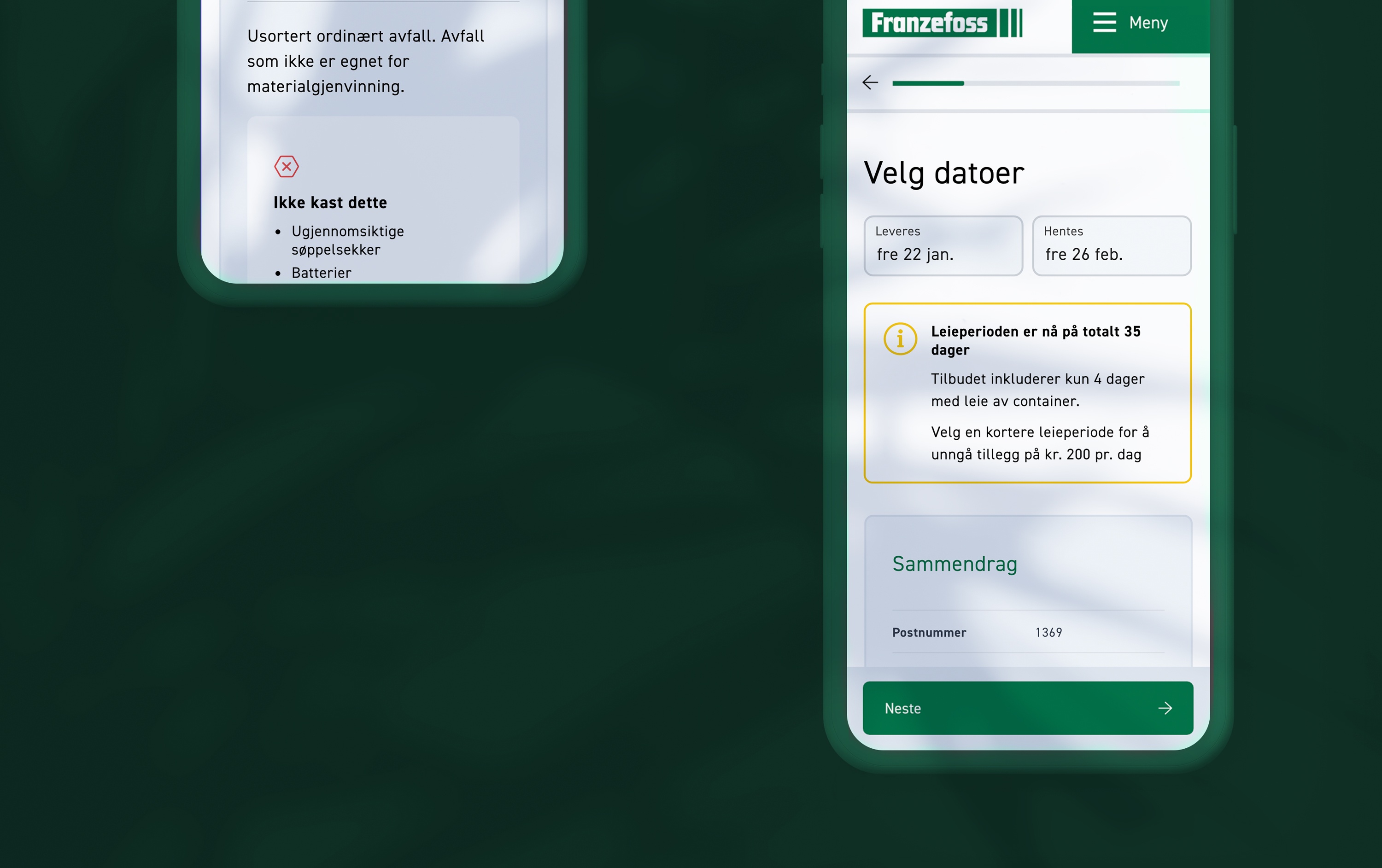 Screenshot fra nettbutikken til Franzefoss. Eksempel på hvordan man får beskjed om at leieperioden er for lang. 