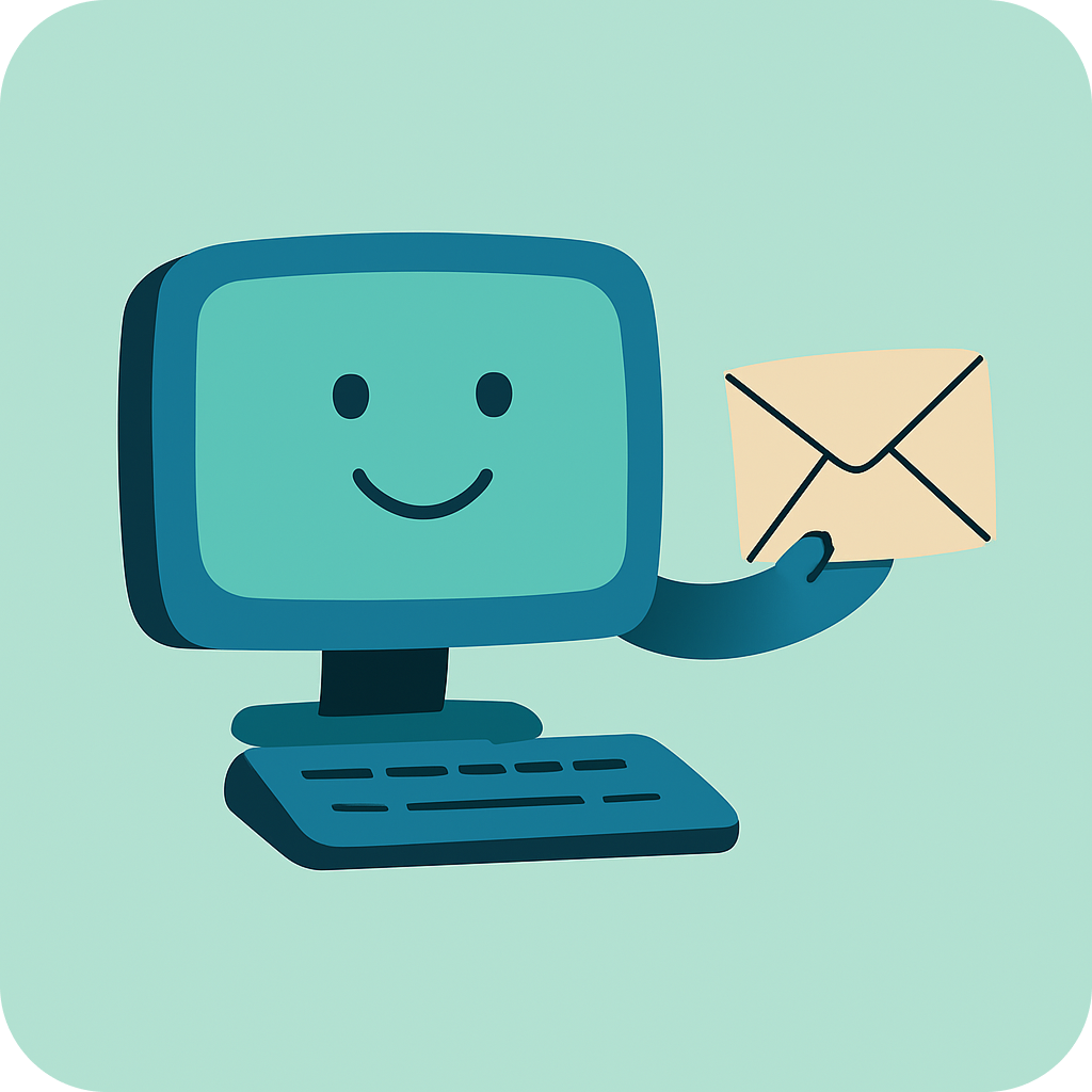 Cartoon computer with a smiley face holding an envelope.