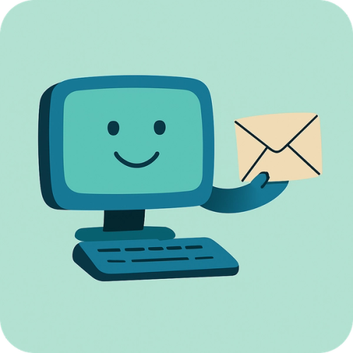 Cartoon computer with a smiley face holding an envelope.
