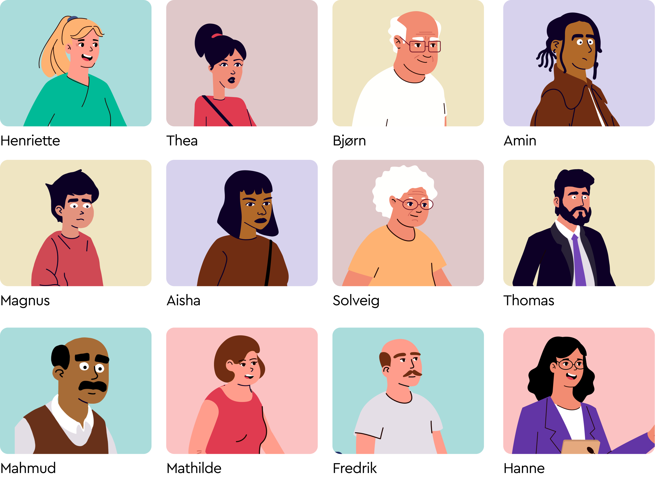 a group of cartoon characters are lined up in a row