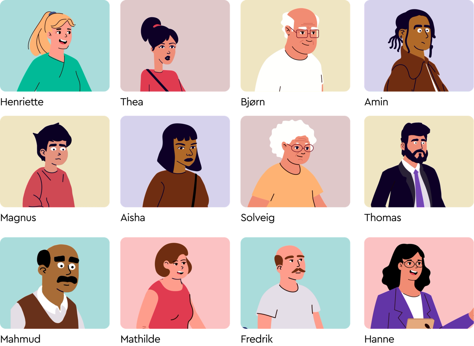 a group of cartoon characters are lined up in a row