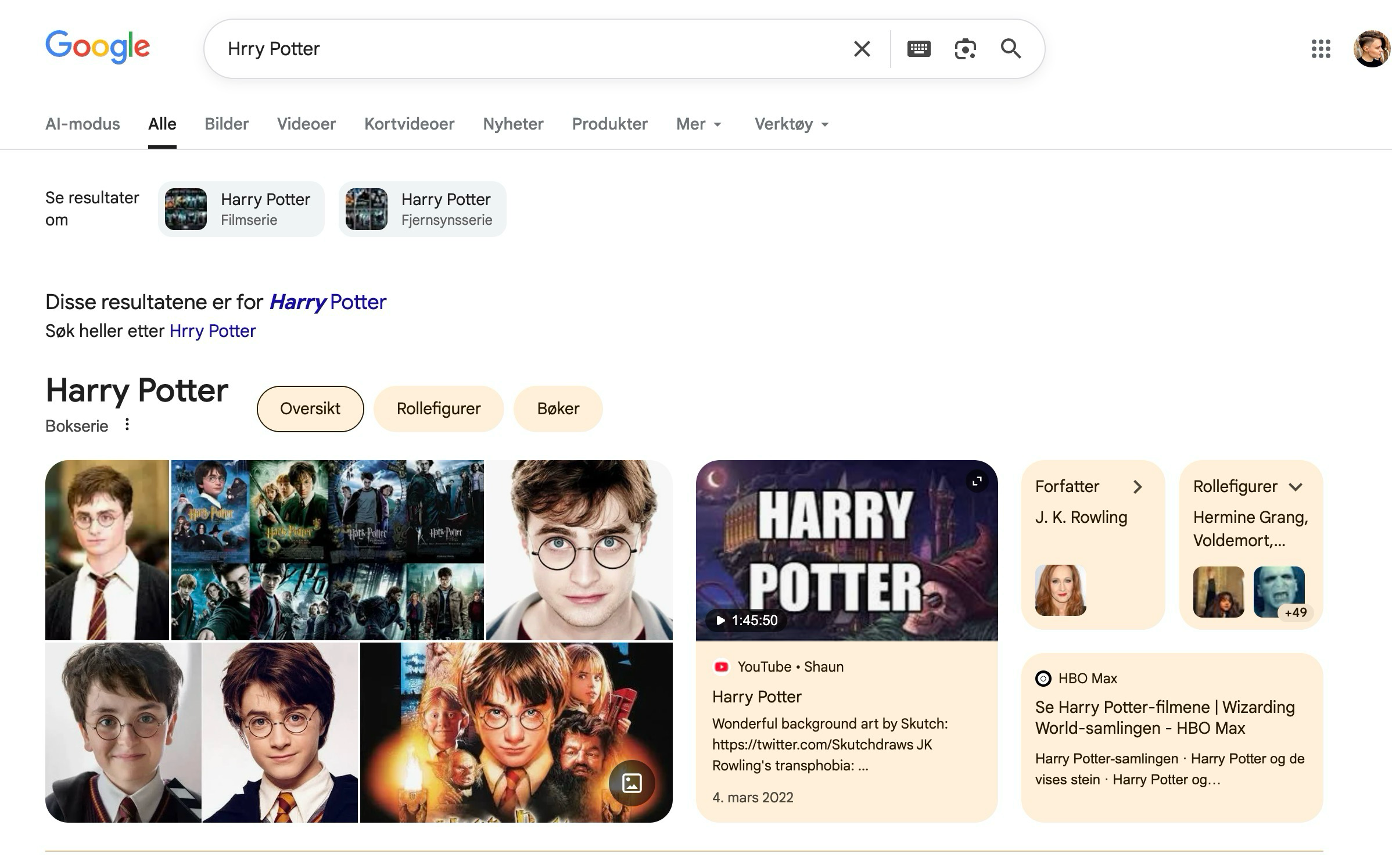 Bilde av hva som skjer når du søker på "Hrry Potter" med skrivefeil. Google skjønner likevel.