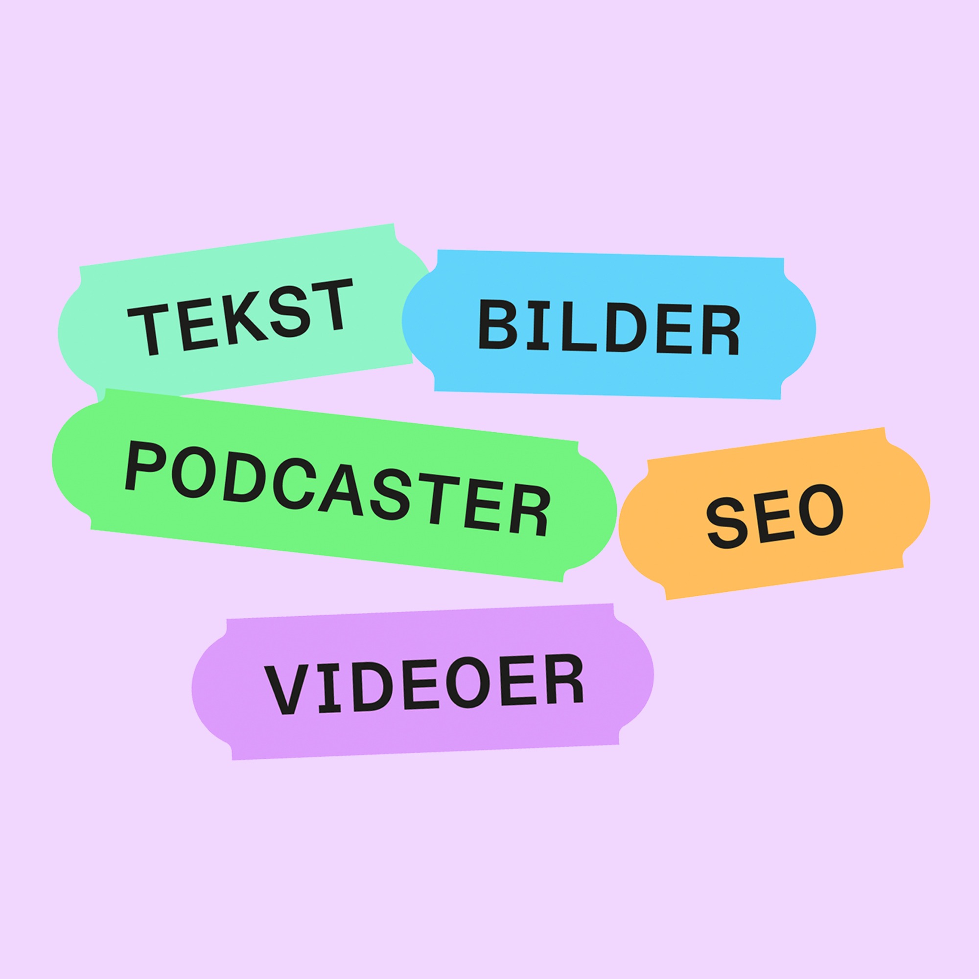 Fargerike tagger som viser tjenestene til Newslab. Grafikk.