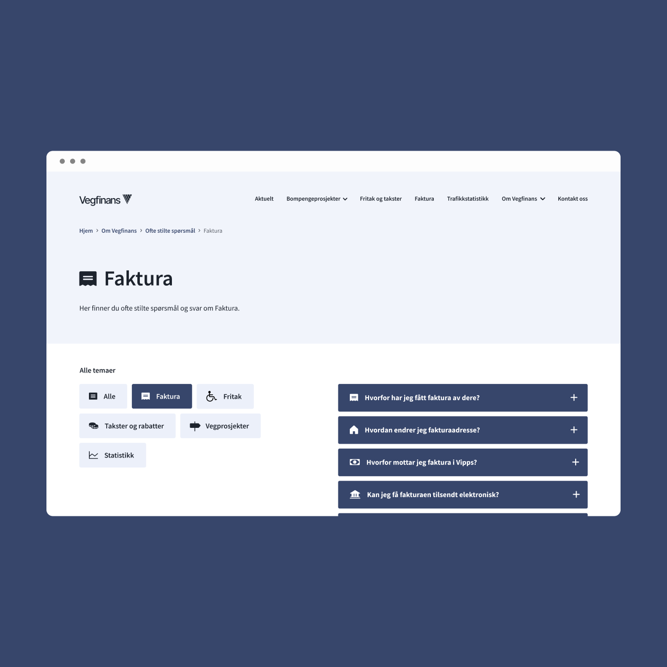 Landingsside for spørsmål og svar om faktura