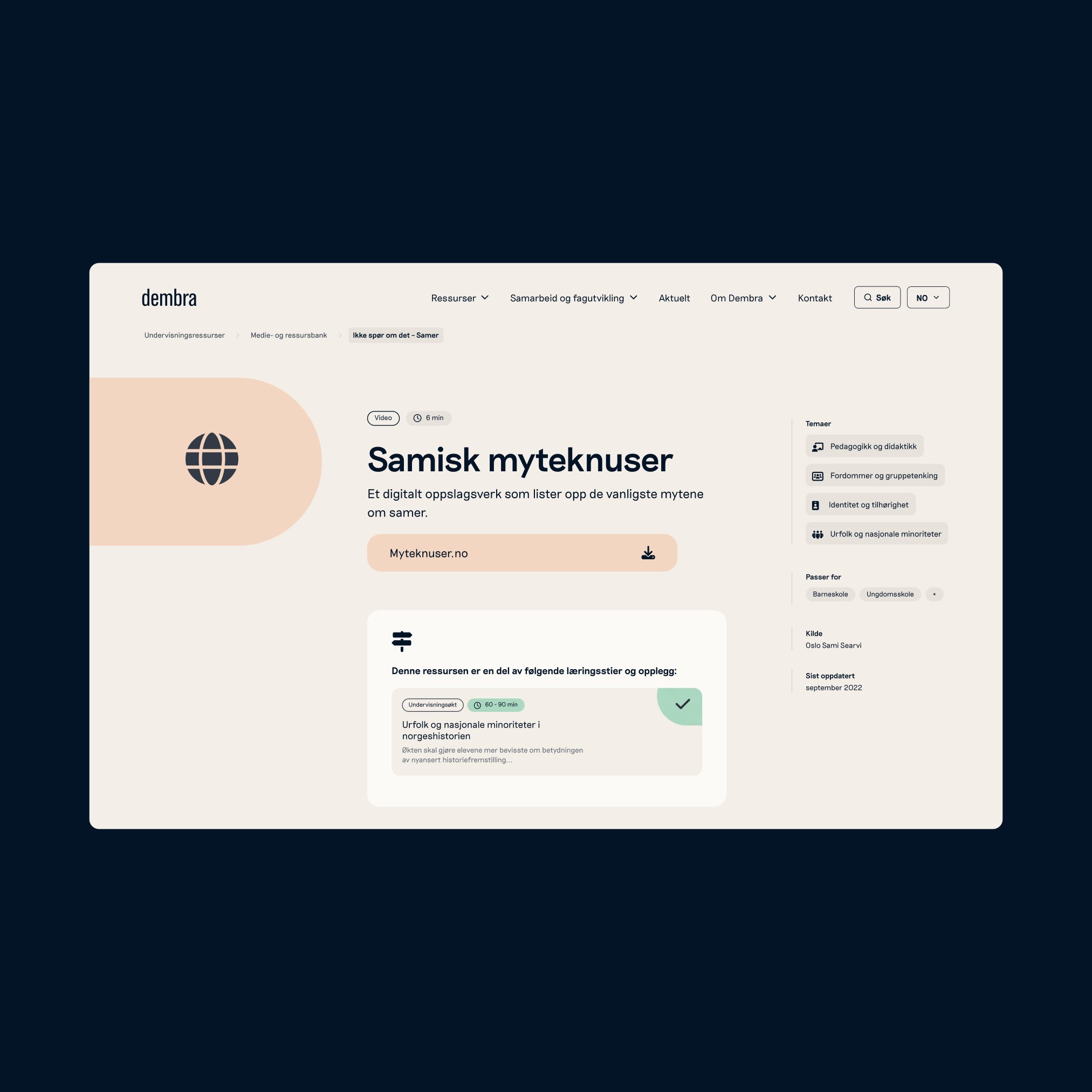 Skjermbilde av landingssiden "Samisk myteknuser"