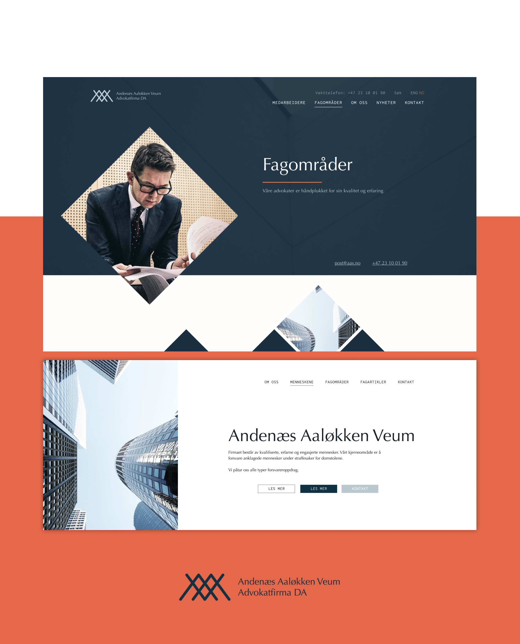Screenshot fra sidebunnen til AAV sin nettside. Tittelen er "Fagområder" og viser en advokat som leser sakspapirer.